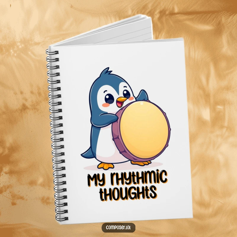 Funny Penguin Notebook: Penguin enthusiastically pounding a giant drum with big eyes, ideal for musical notes.