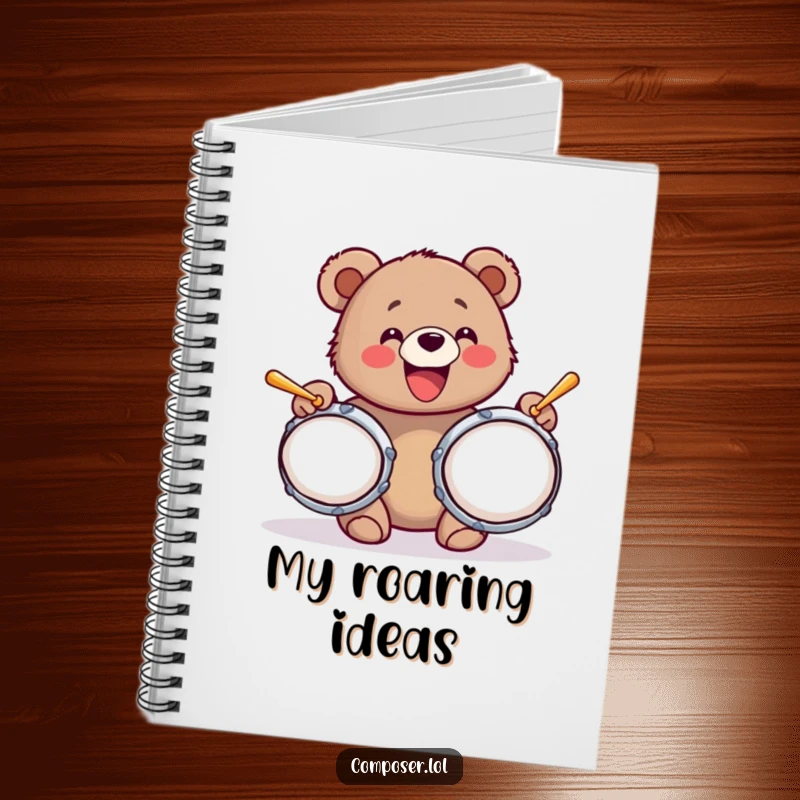 Funny notebook featuring a bear cub with a wide grin, gleefully hitting oversized cymbals, perfect for jotting notes.