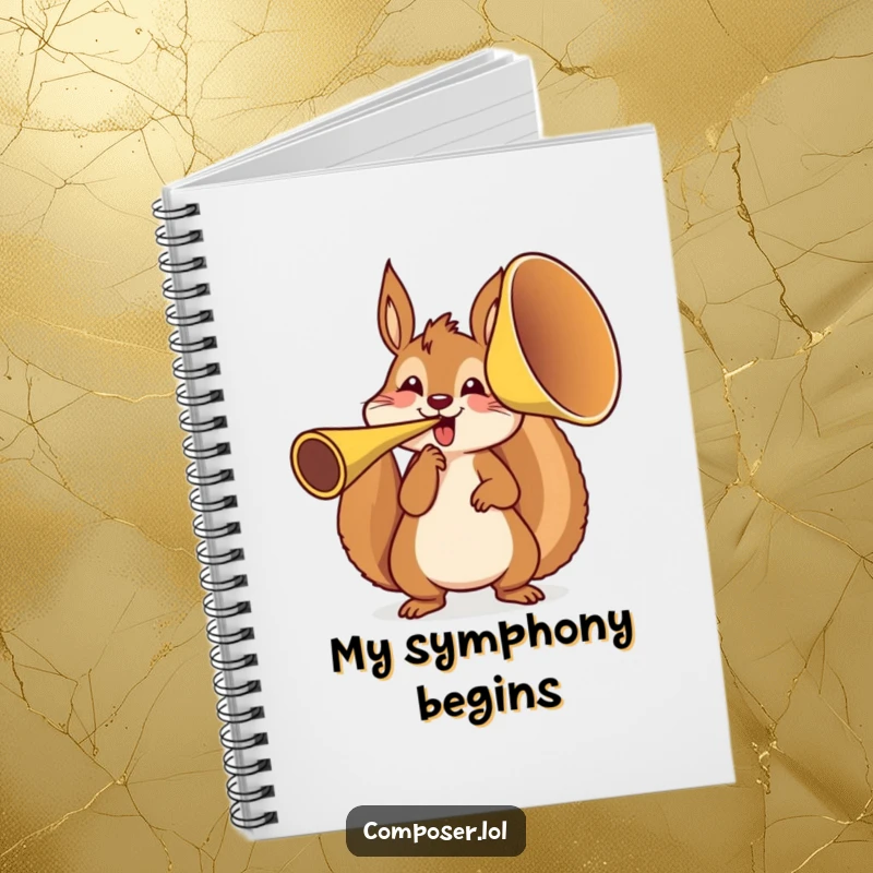 Funny squirrel musician enthusiastically playing a large French horn on a lined notebook cover, perfect for journaling.