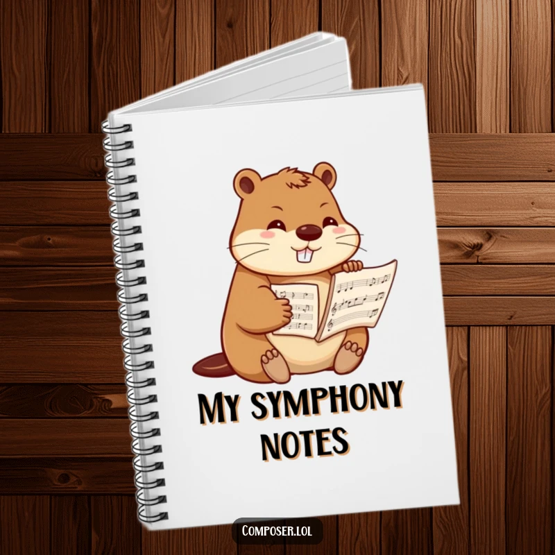 Funny beaver composer notebook, a determined beaver meticulously arranging sheet music, ideal for jotting down notes with musical order.