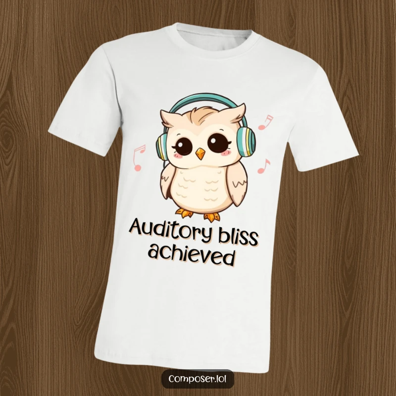 Funny Owl Headphone T-Shirt: a cute owl wears headphones and nods rhythmically, embodying musical enjoyment.