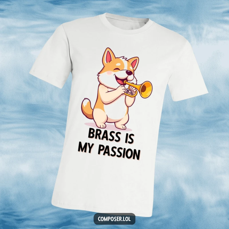 Funny Trumpet Dog T-Shirt: Proud dog with puffed chest playing majestic trumpet, humorous band apparel gift