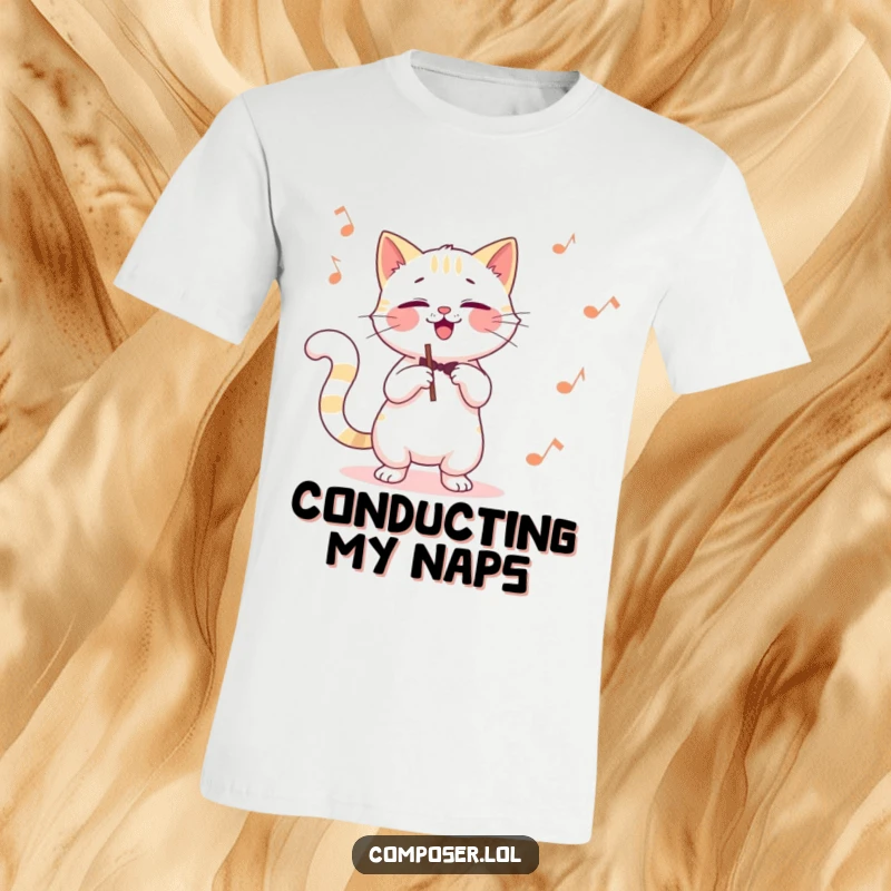 Funny cat composer t-shirt, a giggling cat using its tail as a conductor's baton, full of playful energy.