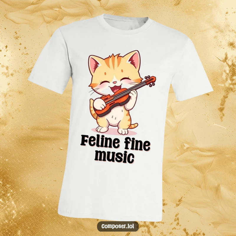 Funny playful cartoon kitten gleefully playing a tiny violin with exaggerated delight on a t-shirt, musical feline fun.