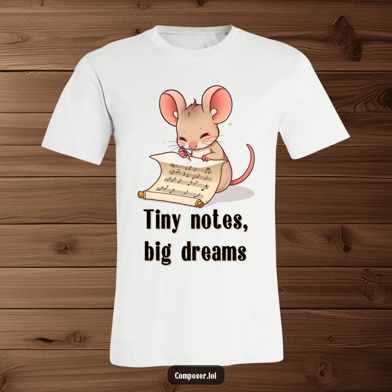 Funny Composer Mouse T-Shirt: Determined mouse meticulously writing musical notes on a scroll, creative and humorous apparel