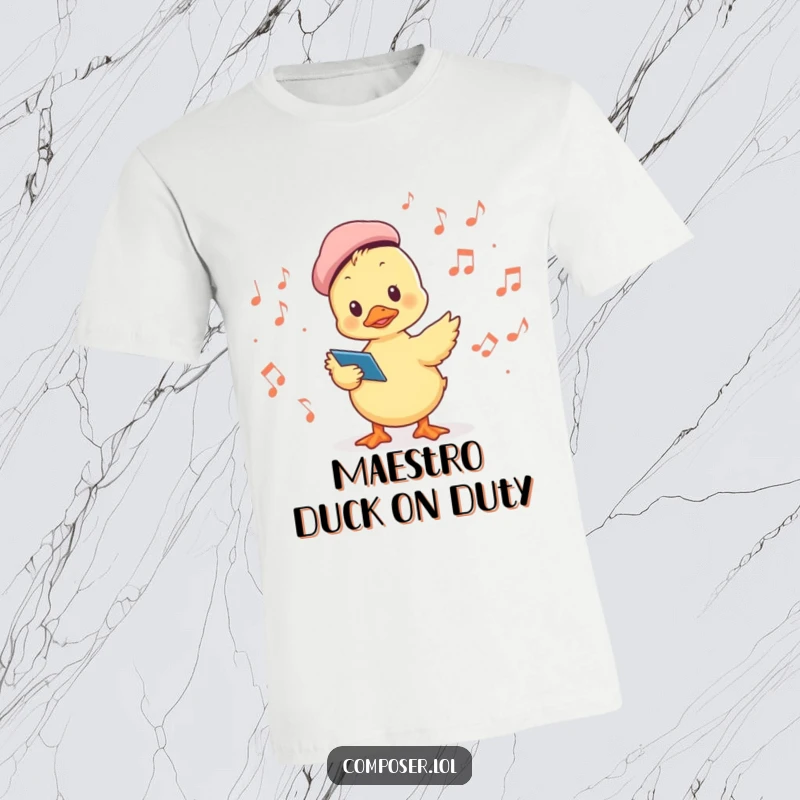 Funny t-shirt featuring a duckling in a beret conducting musical notes, embodying a charming and humorous maestro.