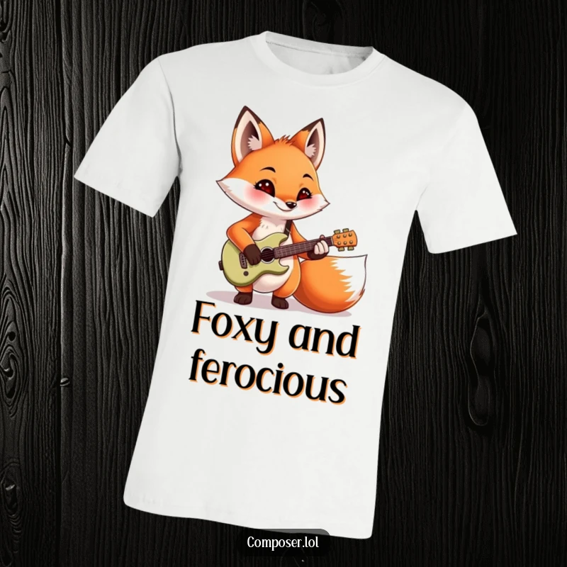 Funny mischievous fox strumming a miniature guitar with flair, depicted on a comfortable t-shirt, perfect for music lovers.