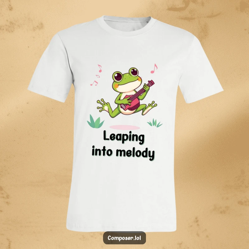 Funny t-shirt depicting a joyful frog composer mid-leap, crafting a catchy tune with infectious enthusiasm and musical flair.