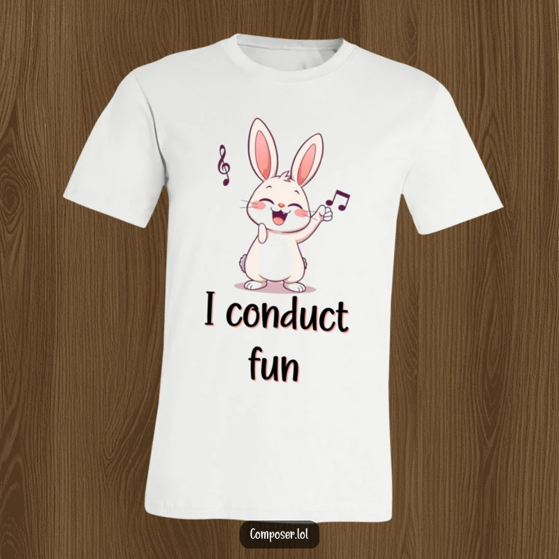 Funny giggling cartoon rabbit triumphing with a musical notation tap on a t-shirt, expressing musical joy.