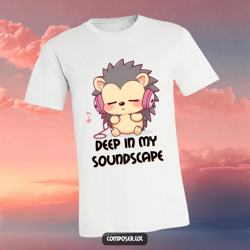 Funny hedgehog wearing earbuds, eyes closed in concentration, listening to music on a t-shirt, great funny gift.