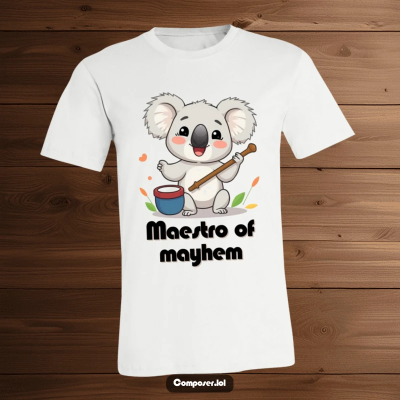 Funny Koala T-Shirt: A happy koala character enthusiastically leads an orchestra with a twig baton, looking quite pleased.