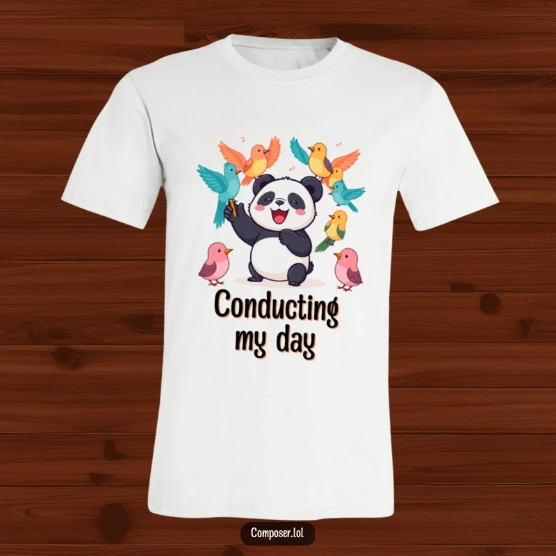 Funny Panda T-Shirt: A joyful panda acts as a conductor, leading a colorful orchestra of singing birds with enthusiasm.