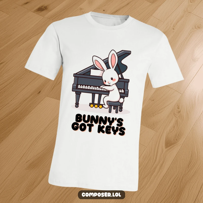 Funny t-shirt showcasing a playful rabbit with big ears happily tapping the keys of a grand piano.