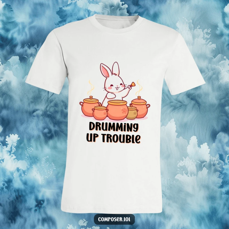 Funny Rabbit Drummer T-Shirt, featuring a joyful rabbit creating a lively rhythm by tapping on various pots.