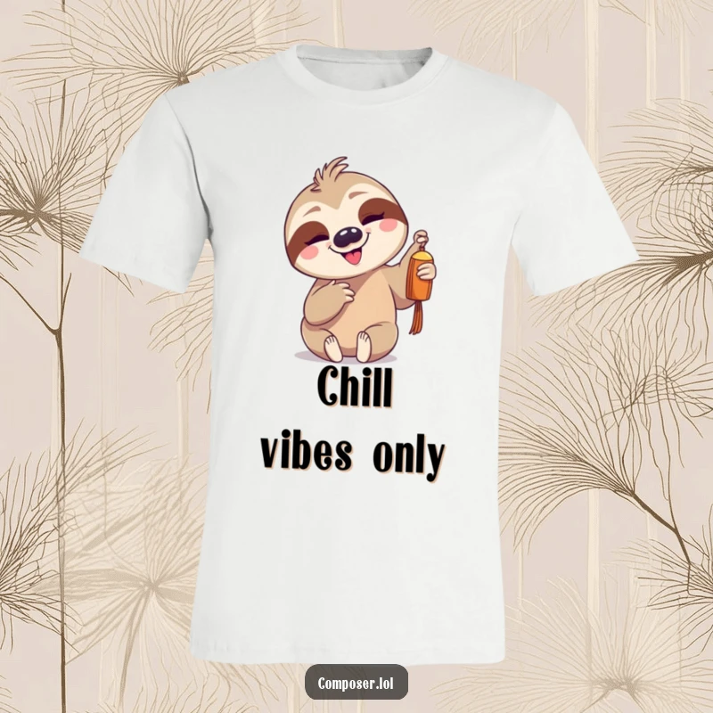 Funny goofy sloth character gently tapping a single chime with a slow, pleased grin on a comfortable t-shirt.