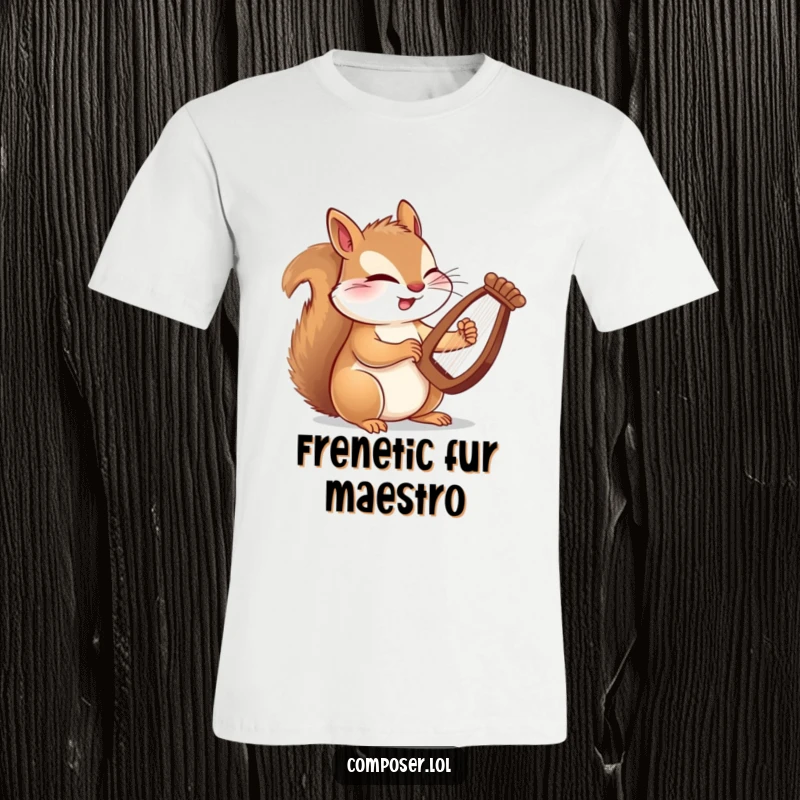 Funny t-shirt showcasing a winking squirrel masterfully playing a miniature harp with rapid paws, embodying musical genius.