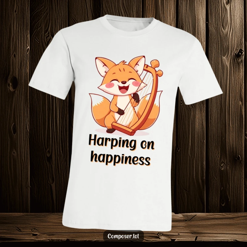 Funny joyful fox smiling widely while playing a grand chord on a large harp, comfortable t-shirt.