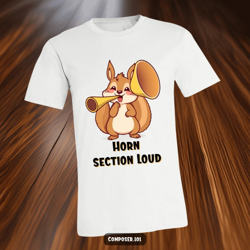 Funny energetic squirrel character enthusiastically tooting a very large French horn on a comfortable t-shirt, celebrating music.