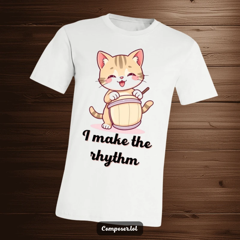 Funny t-shirt featuring a playful cat enthusiastically drumming with a joyful bounce, perfect for music fans.