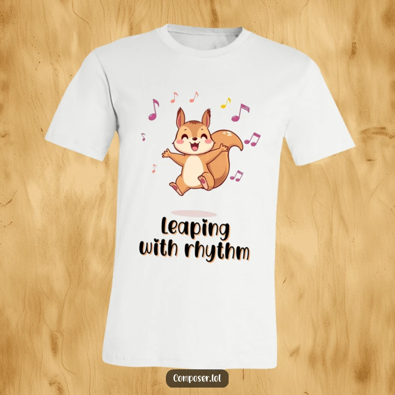 Funny Squirrel Music T-Shirt - A gleeful squirrel leaping between floating musical notes, perfect for music enthusiasts.