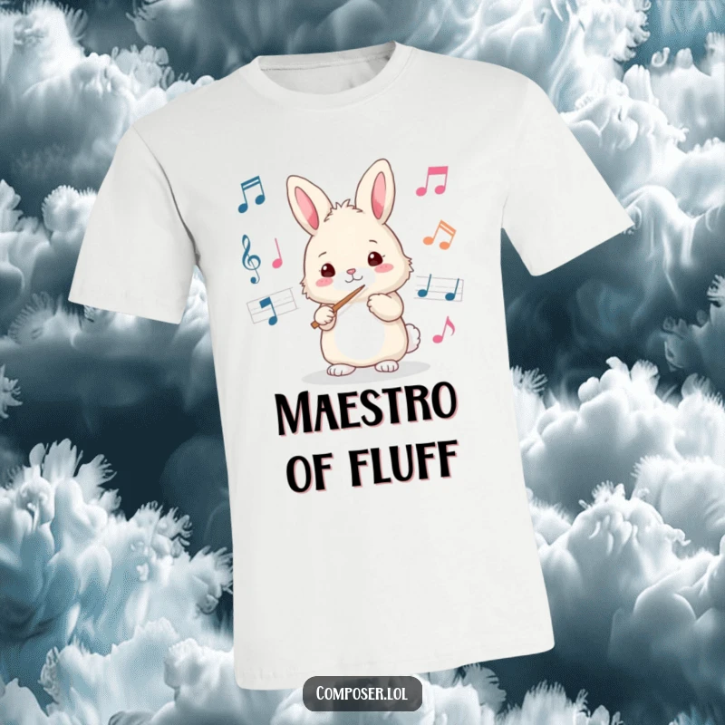 Funny bunny t-shirt poised to conduct music energetically, surrounded by notes. A hilarious gift for music fans.