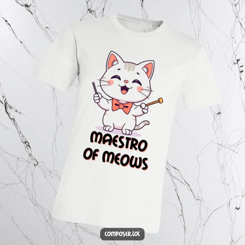 Funny t-shirt showcasing a happy cat wearing a tiny bow tie, energetically conducting with a baton, ready for applause.