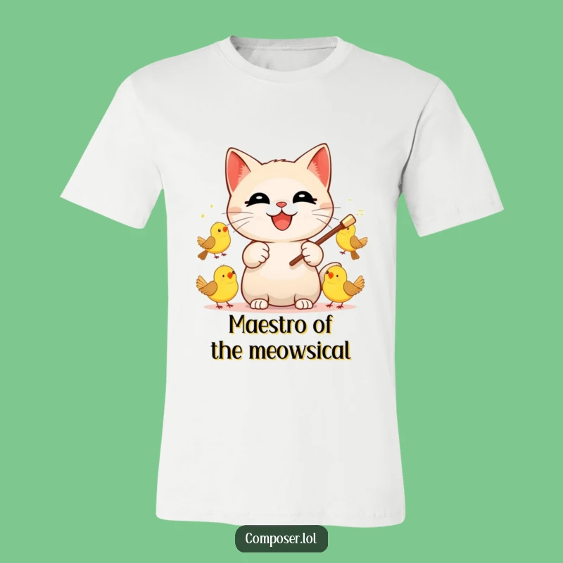 Funny Cat Conductor T-Shirt: Wearable Art of a Maestro Cat Leading Birds