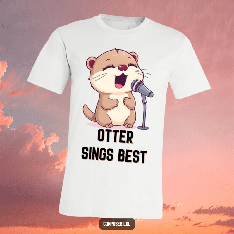 Funny sweet otter character enthusiastically singing into a microphone with closed eyes on a comfortable t-shirt, looking like a star.