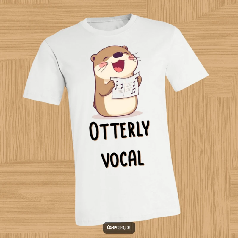Funny otter singer t-shirt, a cheerful otter in full song with sheet music in its beak, capturing pure musical happiness.