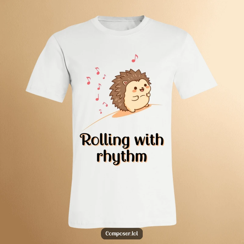 Funny t-shirt showcasing a delighted hedgehog joyfully rolling downhill, accompanied by a whimsical trail of smiling musical notes, a celebration of carefree fun.