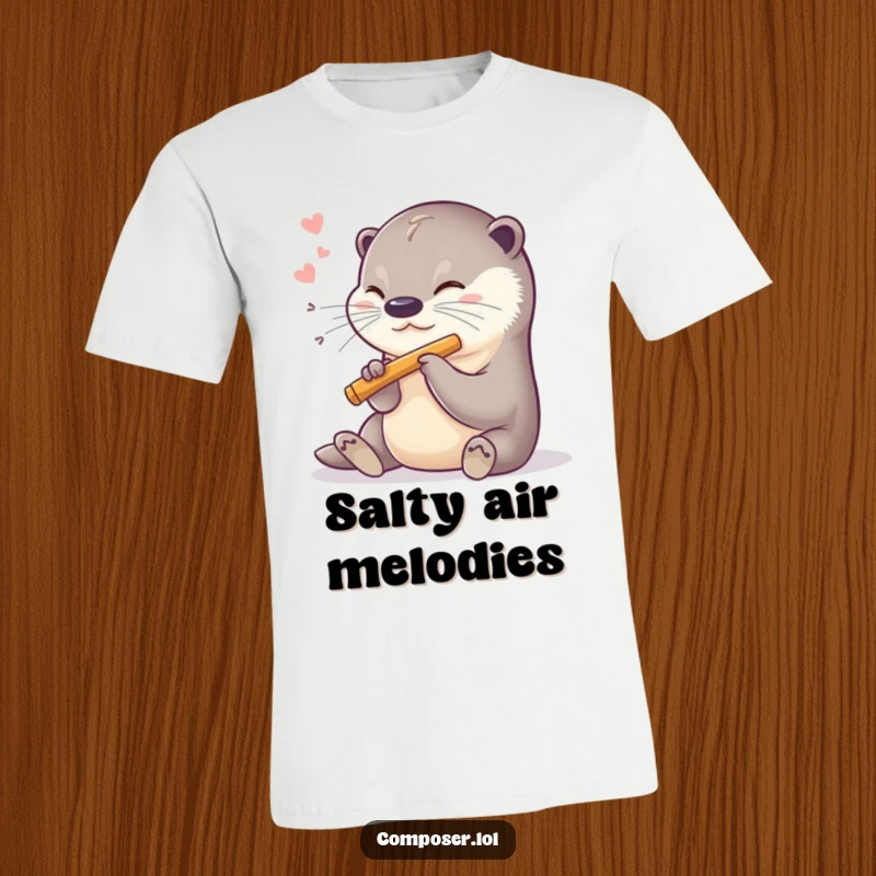 Funny t-shirt of a sweet otter happily blowing into a small flute with a contented sigh.