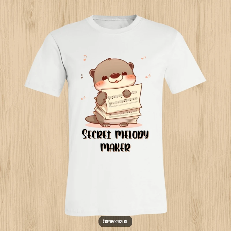 Funny t-shirt featuring a shy otter peeking from behind sheet music, happily humming, expressing serene musical delight.