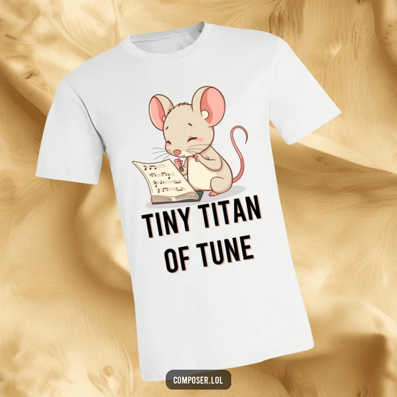 Funny t-shirt depicting a curious mouse composer intently studying a musical score, showcasing deep concentration and intellect.