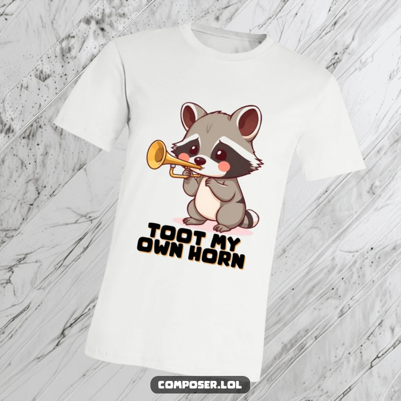 Funny Raccoon Jazz T-Shirt: a playful raccoon with puffed cheeks blows into a tiny trumpet, full of spirit.