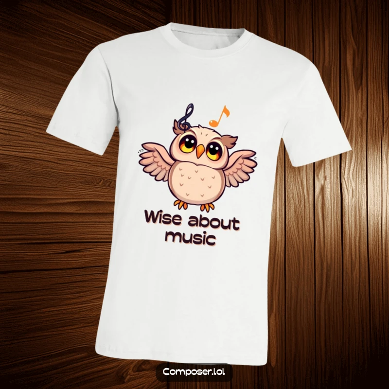 Funny delighted cartoon owl gazing at a glowing musical staff on a t-shirt, embodying musical inspiration.