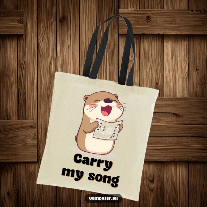 Funny otter singer tote bag, a happy otter singing with sheet music in its beak, perfect for carrying everyday essentials.