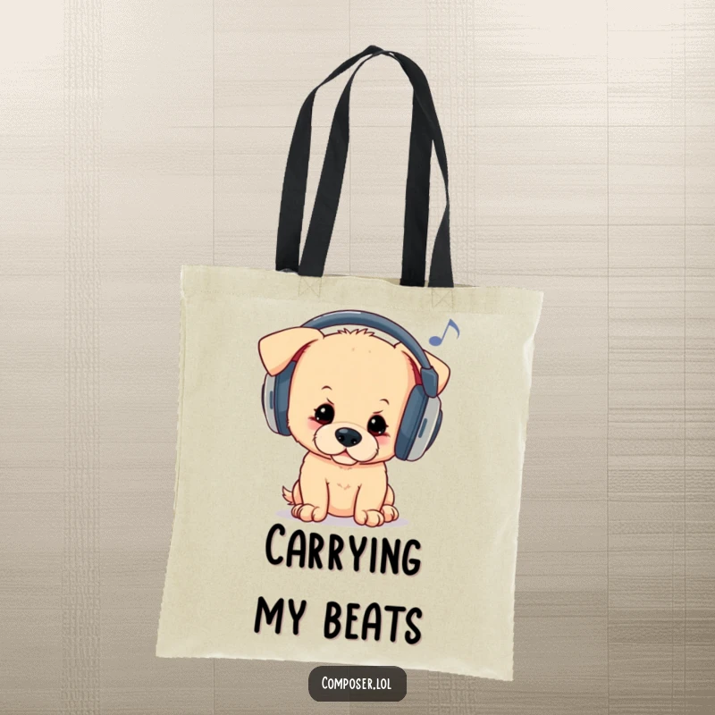 Funny tote bag with a curious puppy wearing oversized headphones, bopping its head to unheard melodies, perfect for carrying music or essentials.