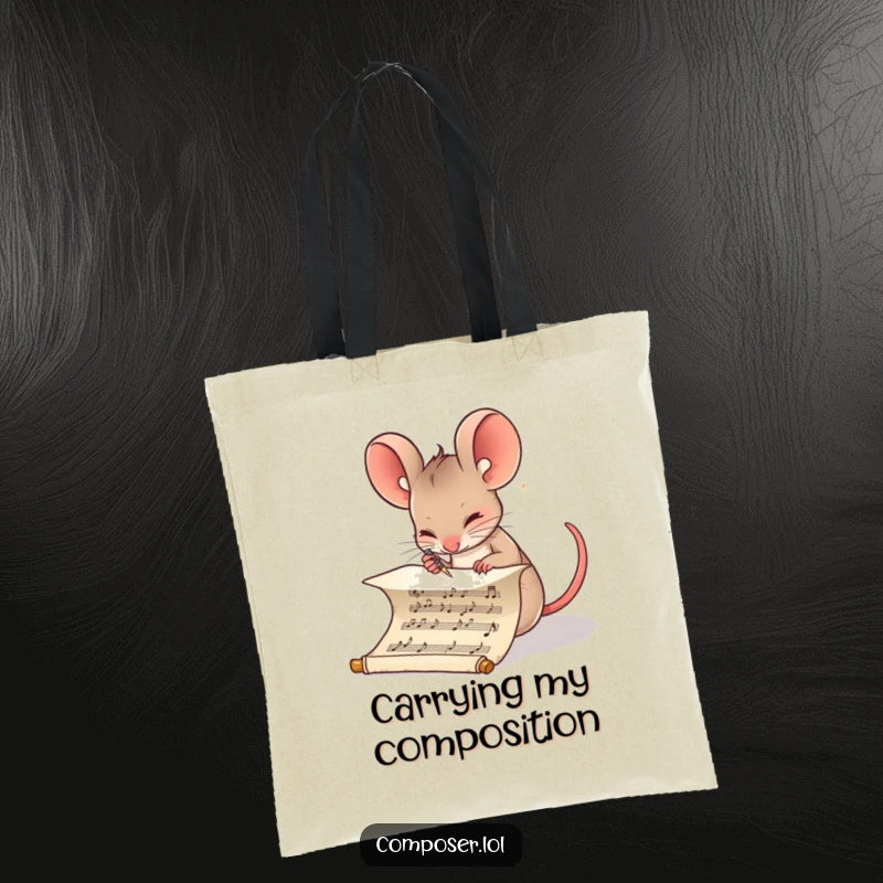Funny Composer Mouse Tote Bag: Determined mouse writing musical notes on a scroll, functional and humorous accessory