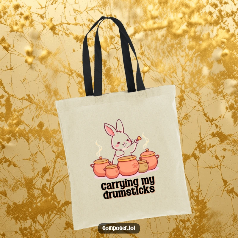Funny Rabbit Drummer Tote Bag, showcasing a cute rabbit drumming a lively rhythm on a set of pots.