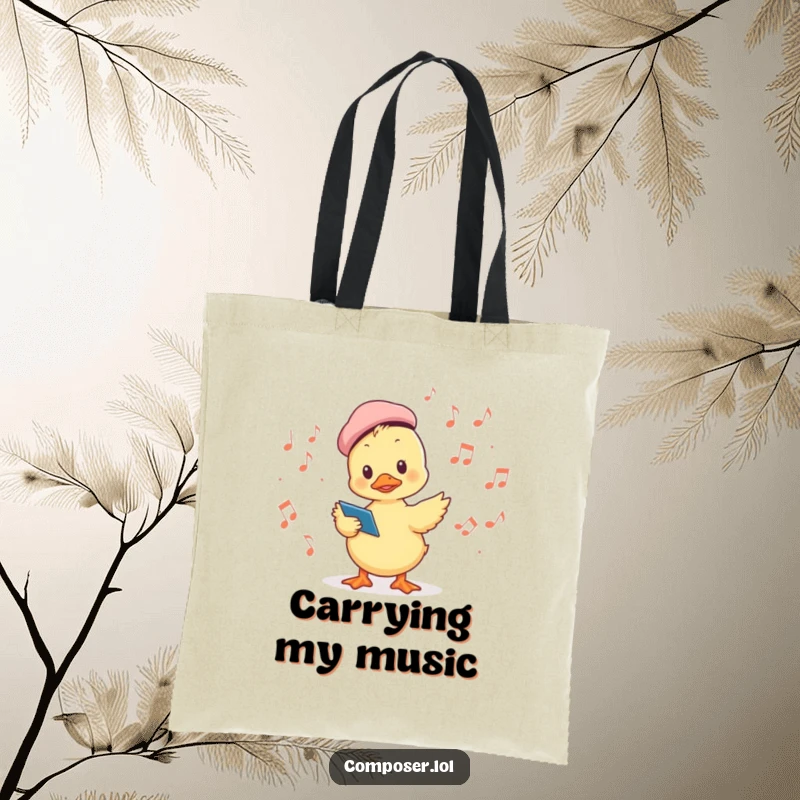 Funny tote bag with a duckling conductor wearing a beret, leading musical notes, perfect for carrying essentials with charm.