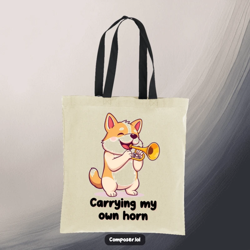Funny Trumpet Dog Tote Bag: Proud dog with puffed chest playing majestic trumpet, functional and humorous accessory
