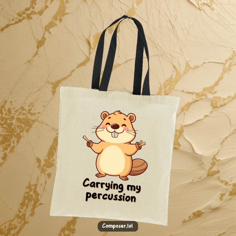 Funny Beaver Cymbals Tote Bag: Smiling beaver enthusiastically banging cymbals with a happy flourish, functional and humorous accessory
