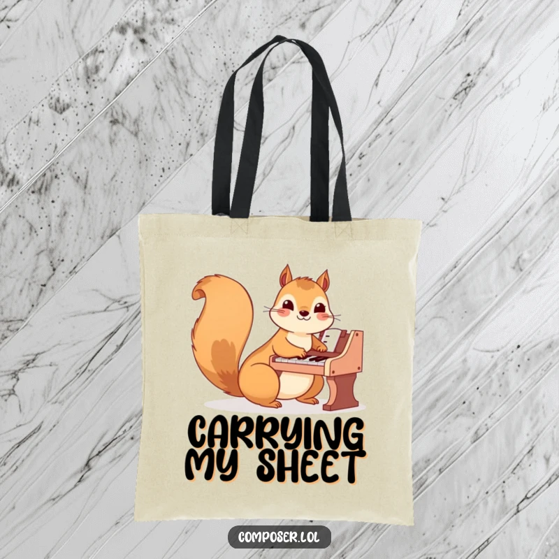 Funny Squirrel Tote Bag: Happy squirrel plays a tiny piano, perfect for carrying essentials with musical charm.