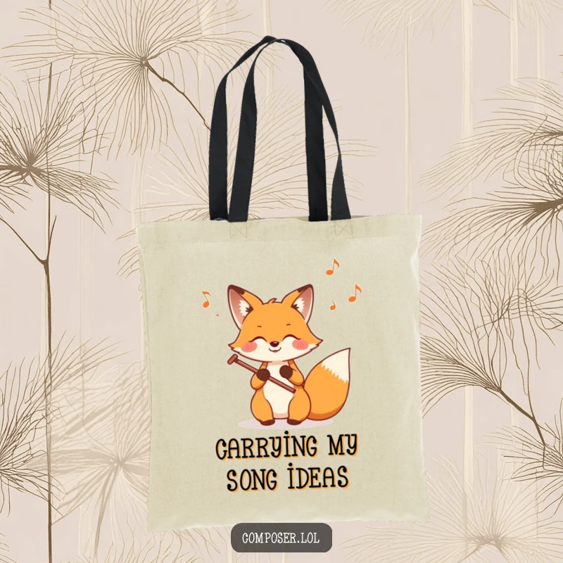 Funny Fox Composer Tote Bag, showcasing a happy fox creating a musical score with vibrant notes emanating from the staff.