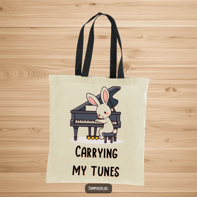Funny tote bag depicting a playful rabbit with big ears tapping the keys of a grand piano, ready for any occasion.