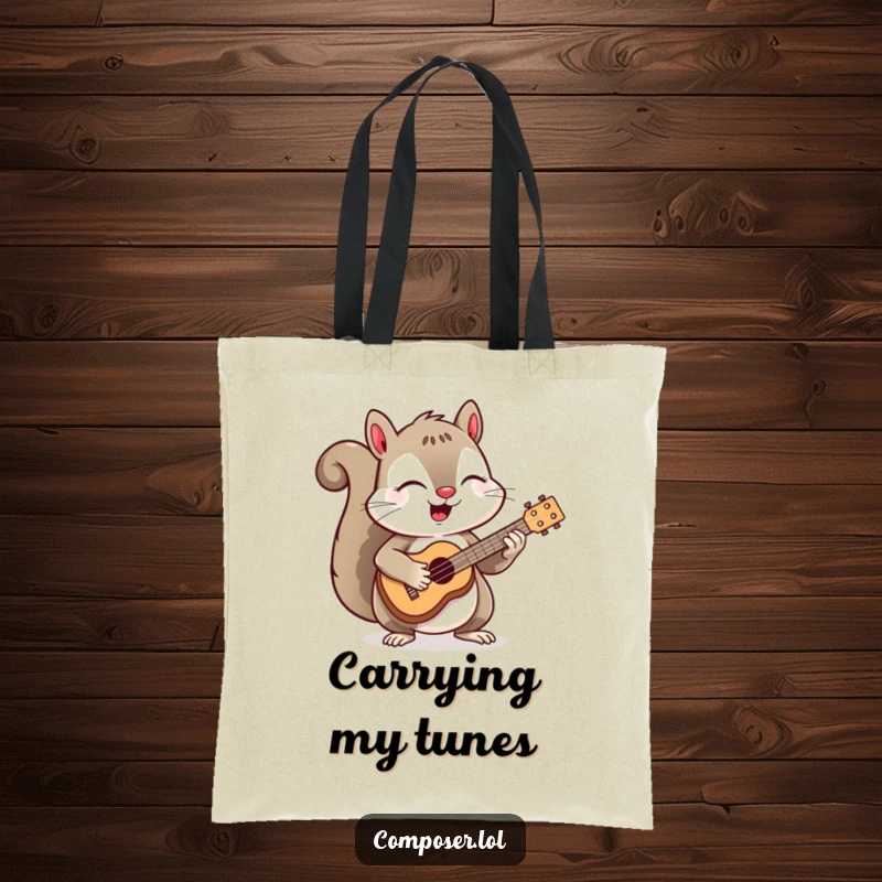 Funny tote bag illustrating a happy squirrel enthusiastically playing a miniature ukulele, perfect for carrying everyday items.