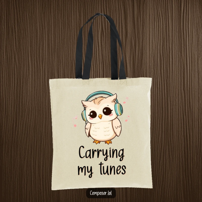 Funny Owl DJ Tote Bag: a cute owl wears headphones and nods to music, perfect for carrying essentials.