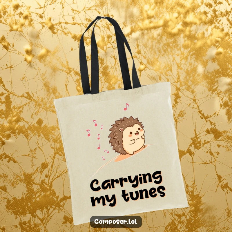 Funny tote bag featuring a happy hedgehog rolling downhill, leaving a delightful trail of smiling musical notes, perfect for carrying groceries with a musical flair.