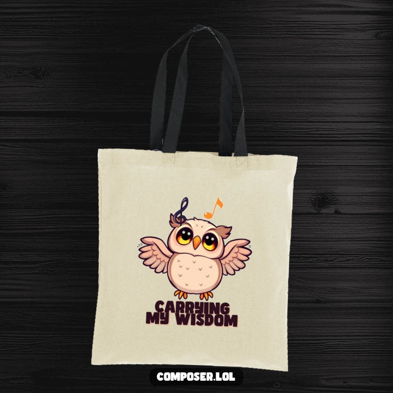 Funny delighted cartoon owl looking up with inspired eyes at a glowing musical staff on a tote bag.