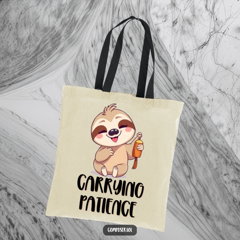 Funny goofy sloth character gently tapping a single chime on a durable tote bag, perfect for relaxation enthusiasts.